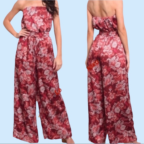 Pants - Wine Red Floral Print Lined Wide Leg Strapless Jumpsuit